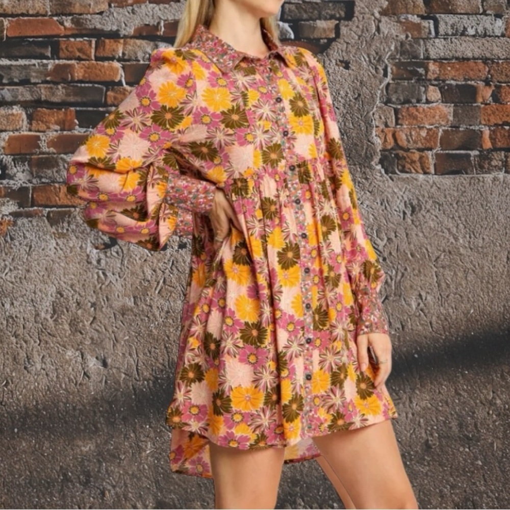 Umgee Pink and Yellow Floral Long Sleeve Collared Dress